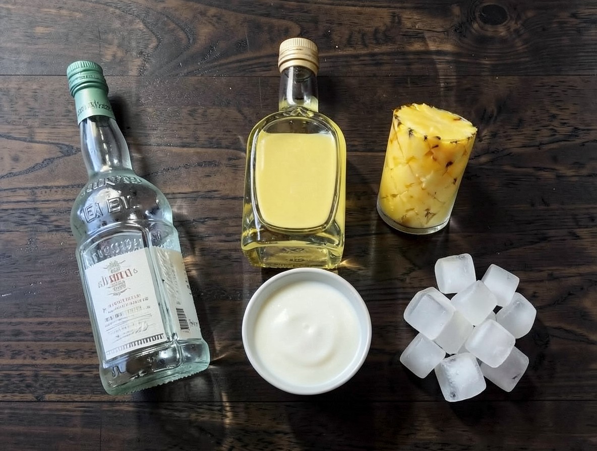 Ingredients for piña colada arranged on dark wood