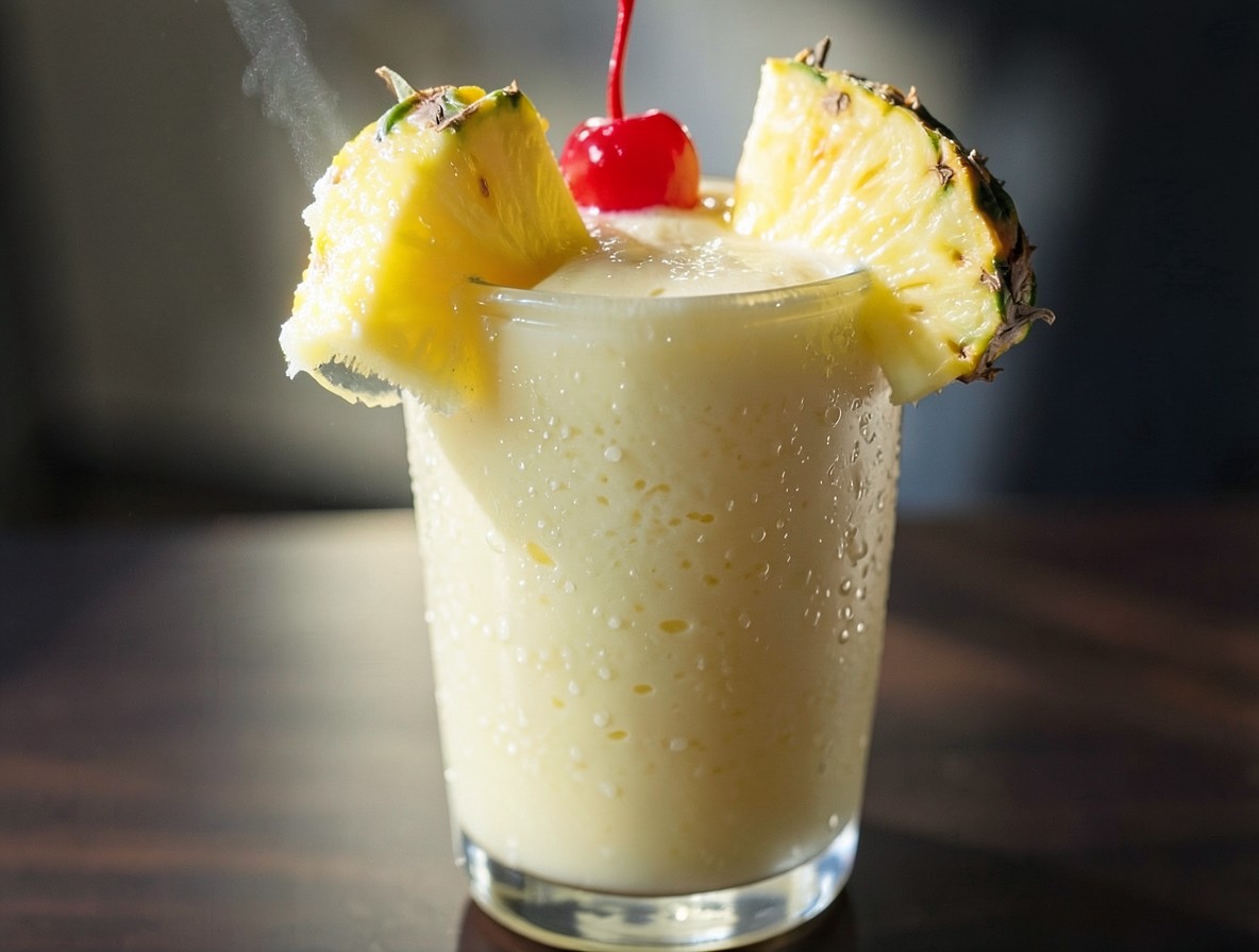 Piña colada with pineapple wedge and cherry garnish on the rim