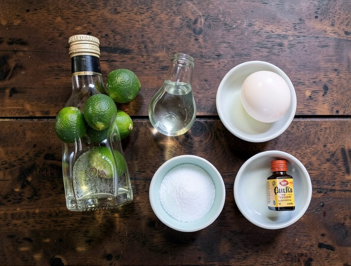 Ingredients for a Pisco Sour arranged on a bar top