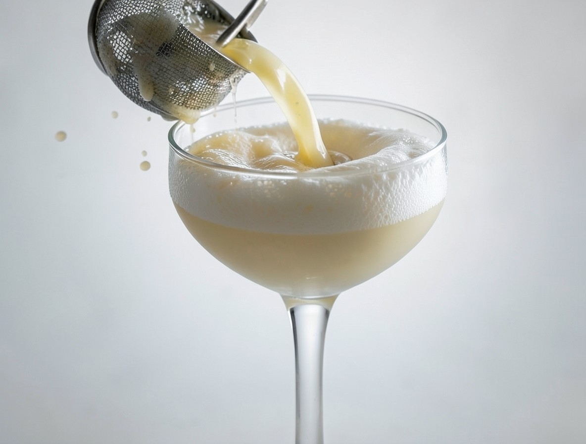 Pouring the Pisco Sour into a coupe glass