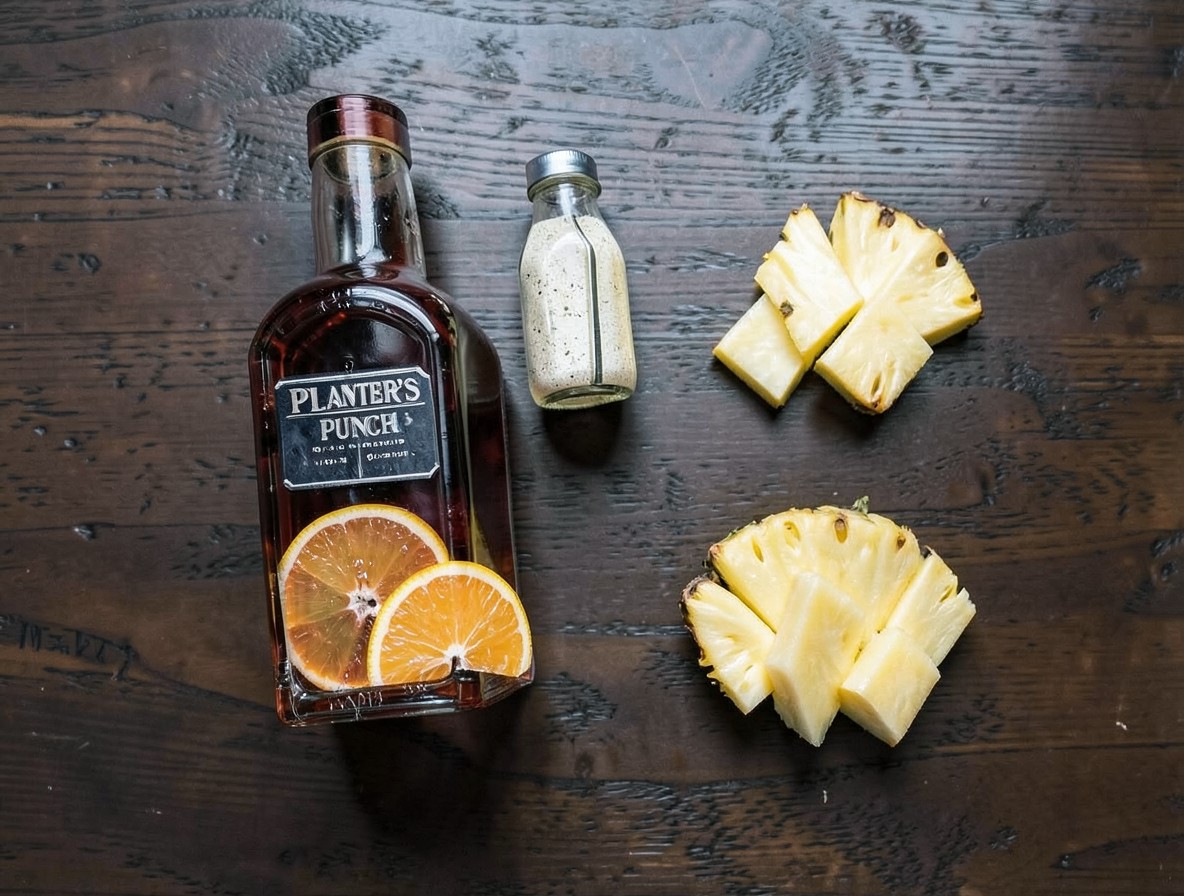 Flat lay of rum, orgeat, orange and pineapple ingredients