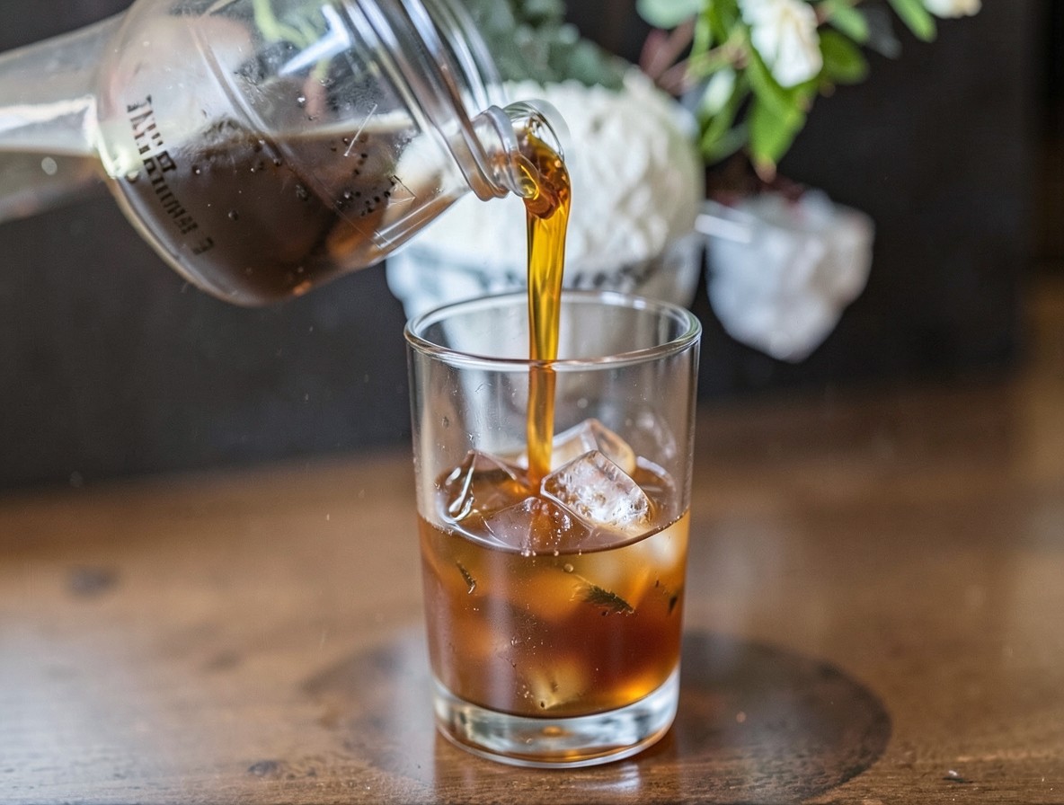 Pouring amber cocktail from shaker into a glass with ice