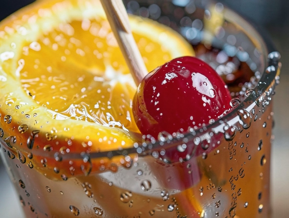 Close up of Planter's Punch garnish with orange slice and cherry
