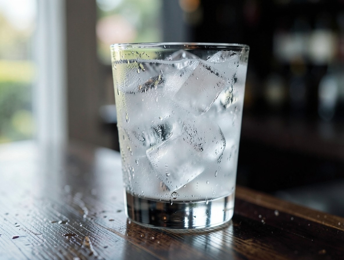 Chilled shot glass with ice cubes, condensation on the glass