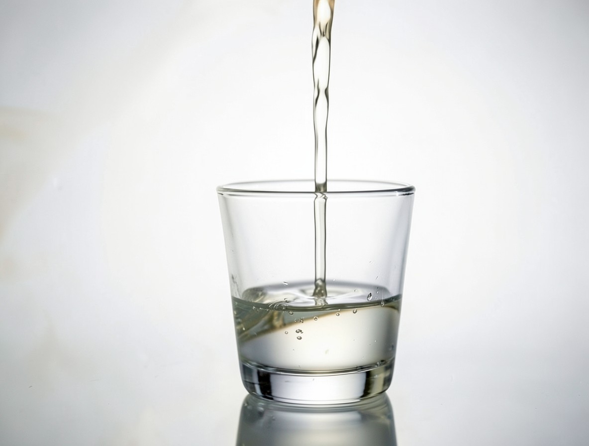 Pouring clear Polar Bear cocktail from shaker into a shot glass