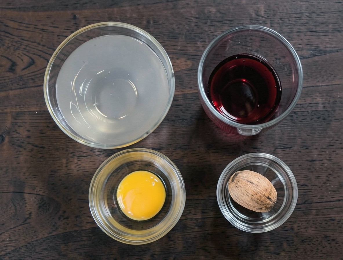 Ingredients for a Porto flip: brandy, ruby port, egg yolk, and nutmeg.