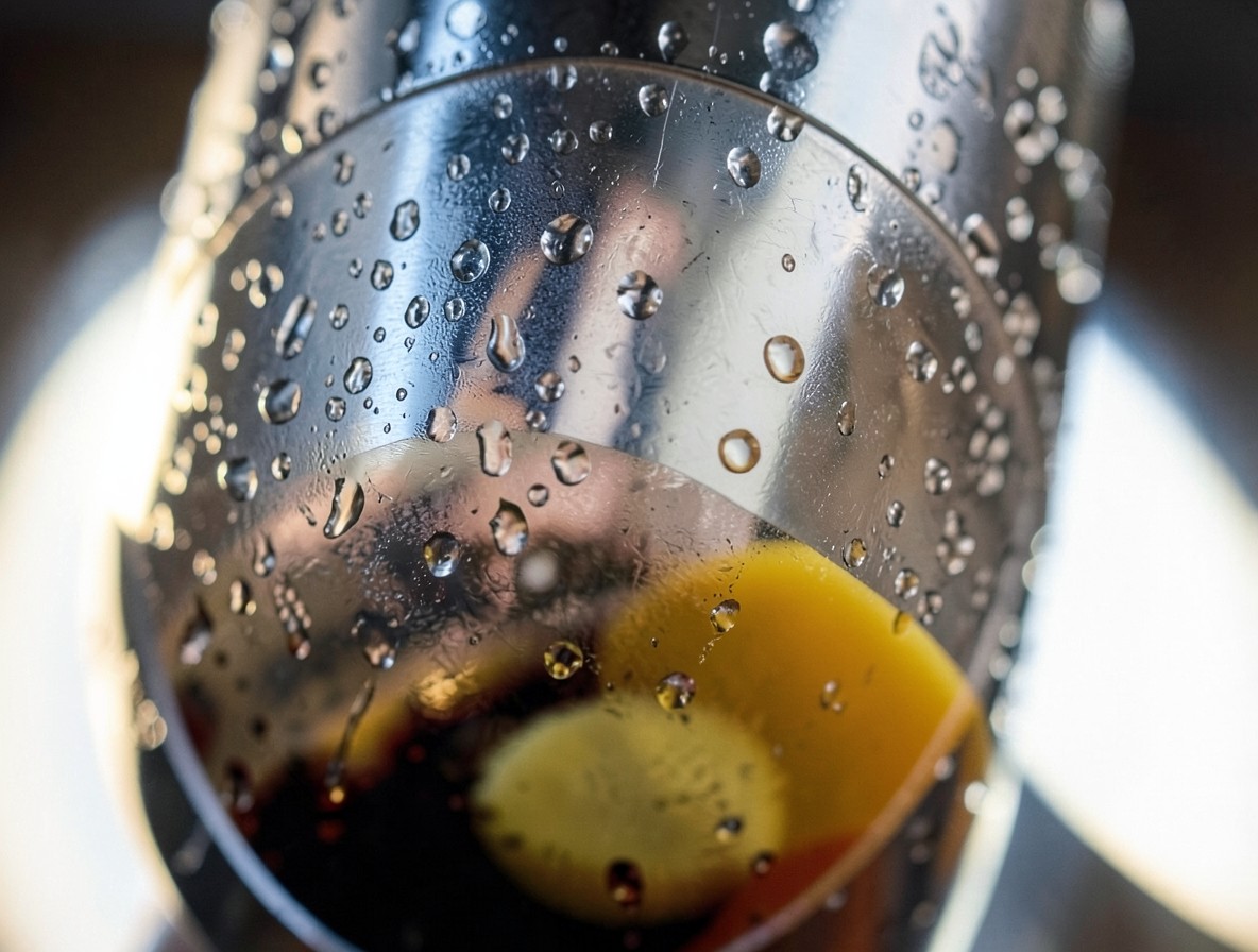 Close-up of a cocktail shaker during the dry shake of a Porto flip.