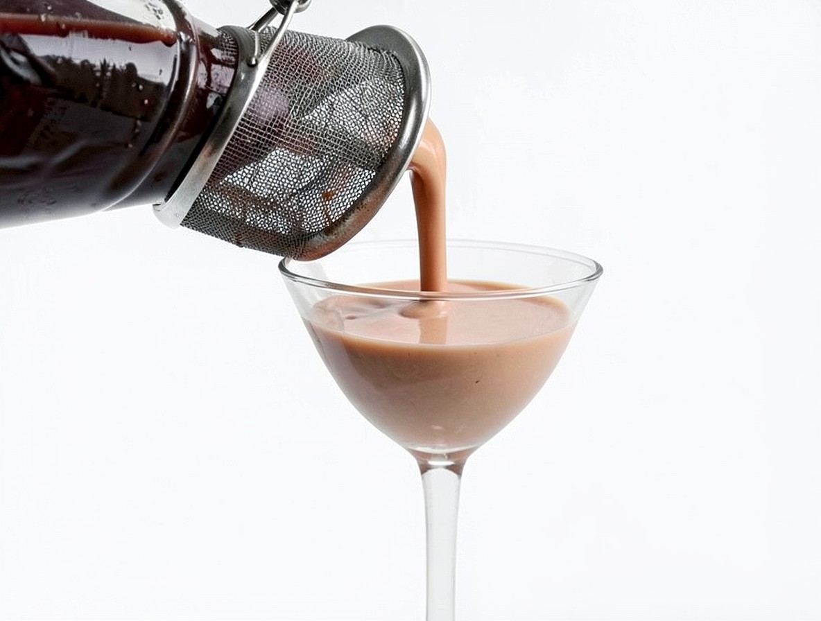 Pouring a strained Porto flip cocktail through a fine mesh strainer into a glass.