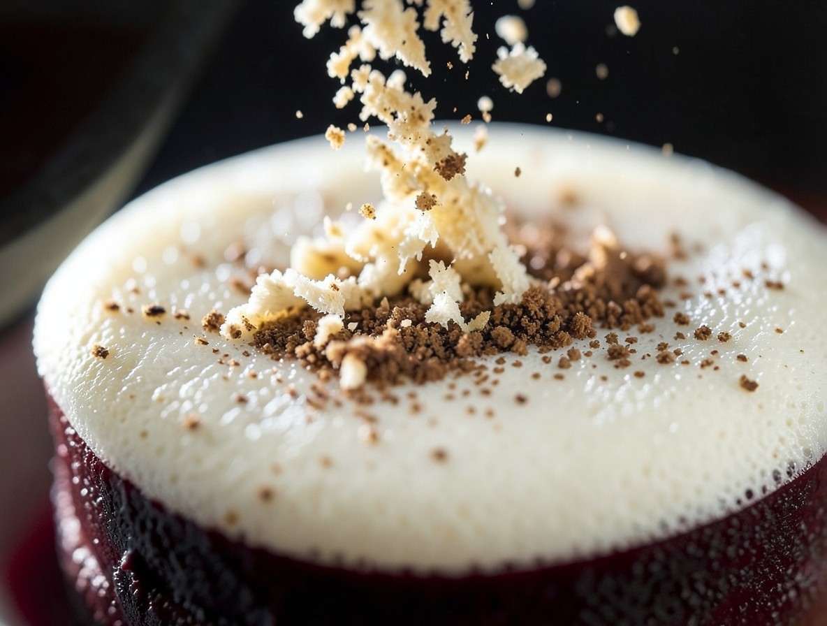 Freshly grated nutmeg being sprinkled on the foam of a Porto flip.