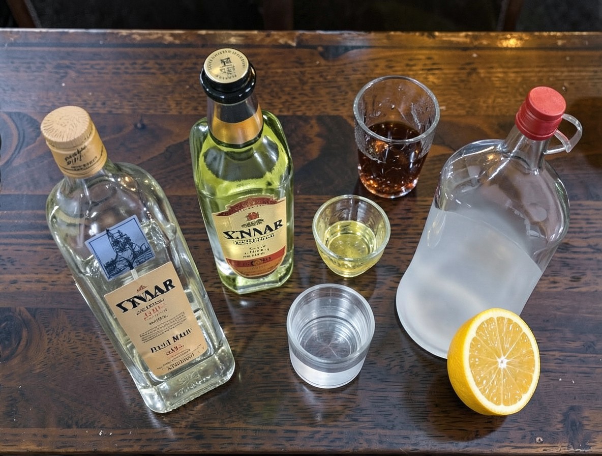 Ingredient flat lay for a Poseidon cocktail with mezcal, Cynar, rum, curaçao, and bitters.