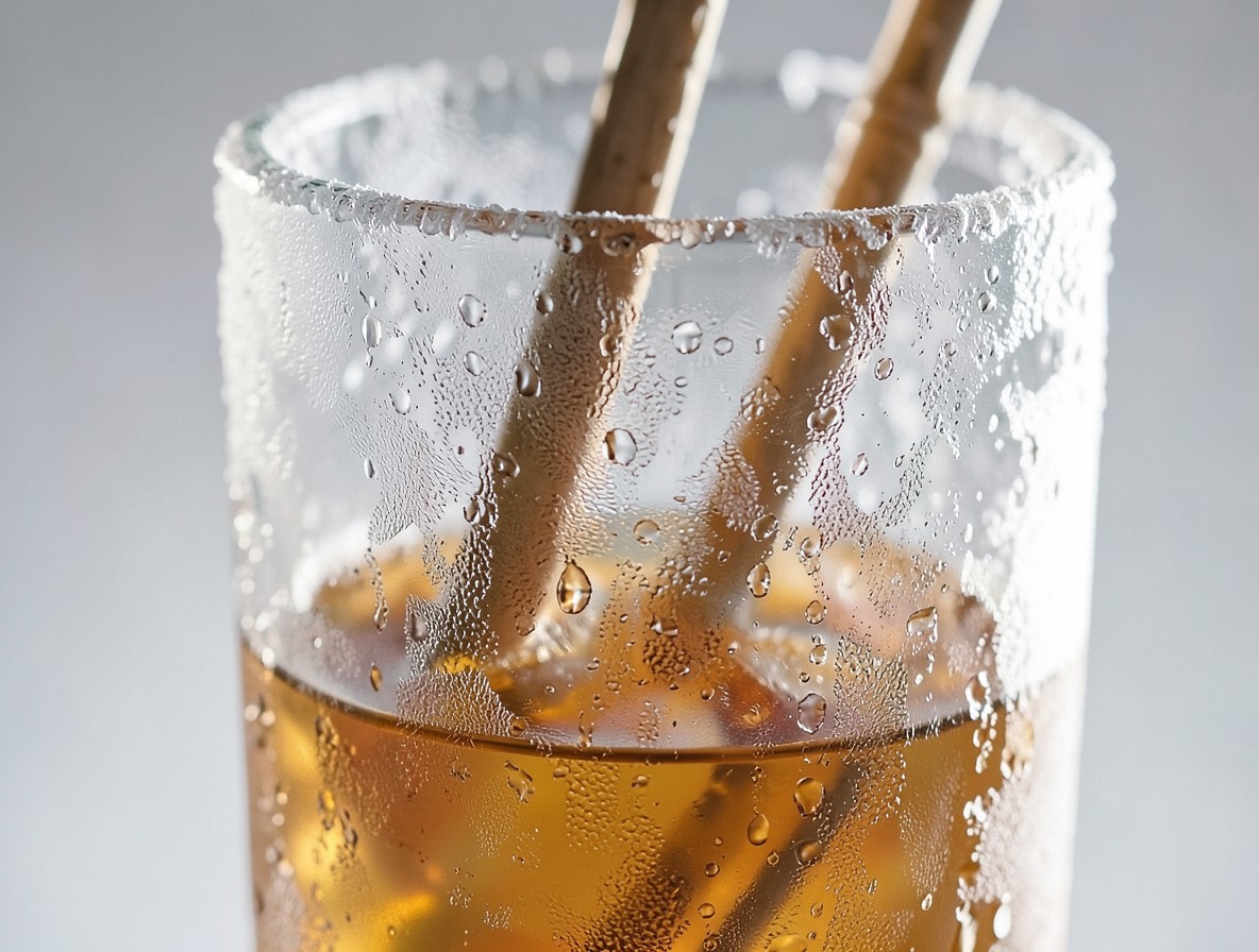 Close-up of a frosted mixing glass containing the amber ingredients of the Poseidon cocktail.