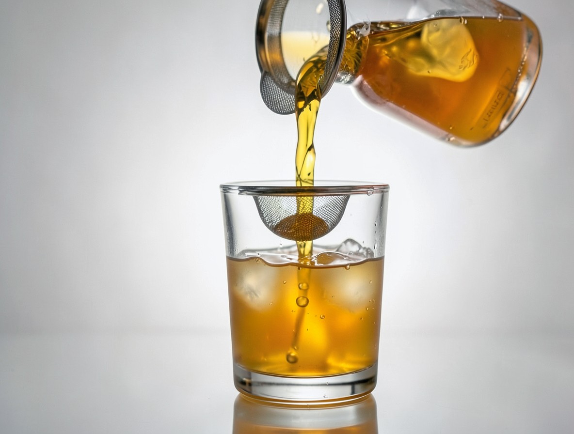 Straining the clear amber Poseidon cocktail from a mixing glass into a chilled rocks glass.