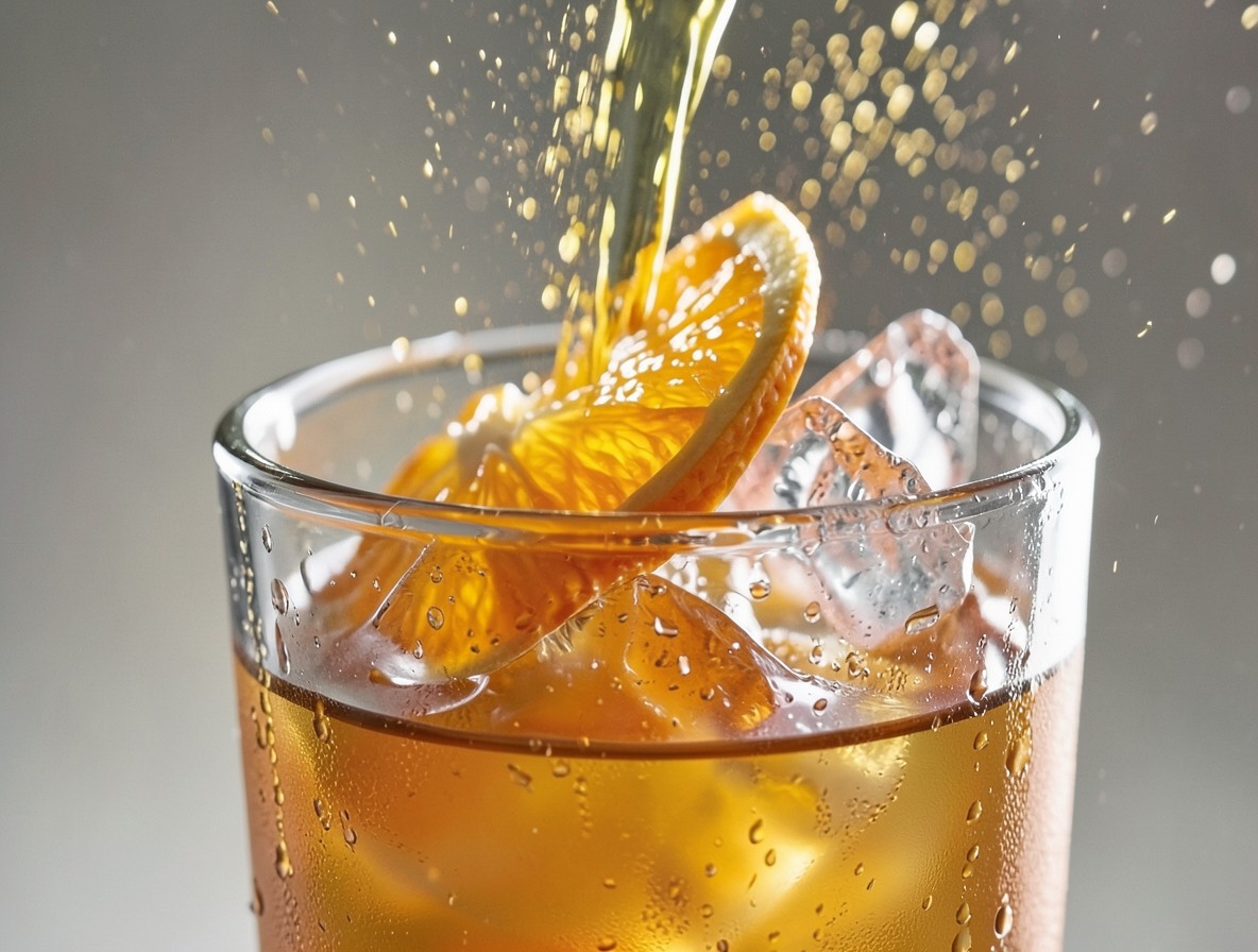 Expressing an orange peel over a finished Poseidon cocktail, releasing aromatic oils.