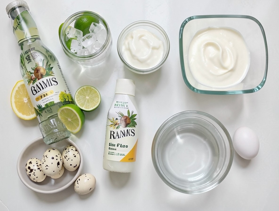 Overhead flat lay of all ingredients for a Ramos Gin Fizz, including gin, citrus, and cream