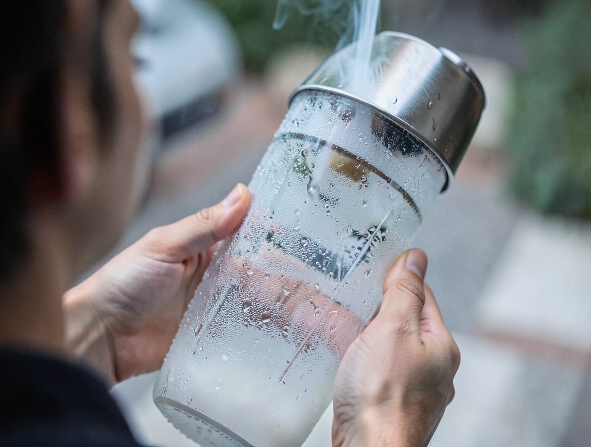 Condensation-covered cocktail shaker after a long shake for a Ramos Gin Fizz