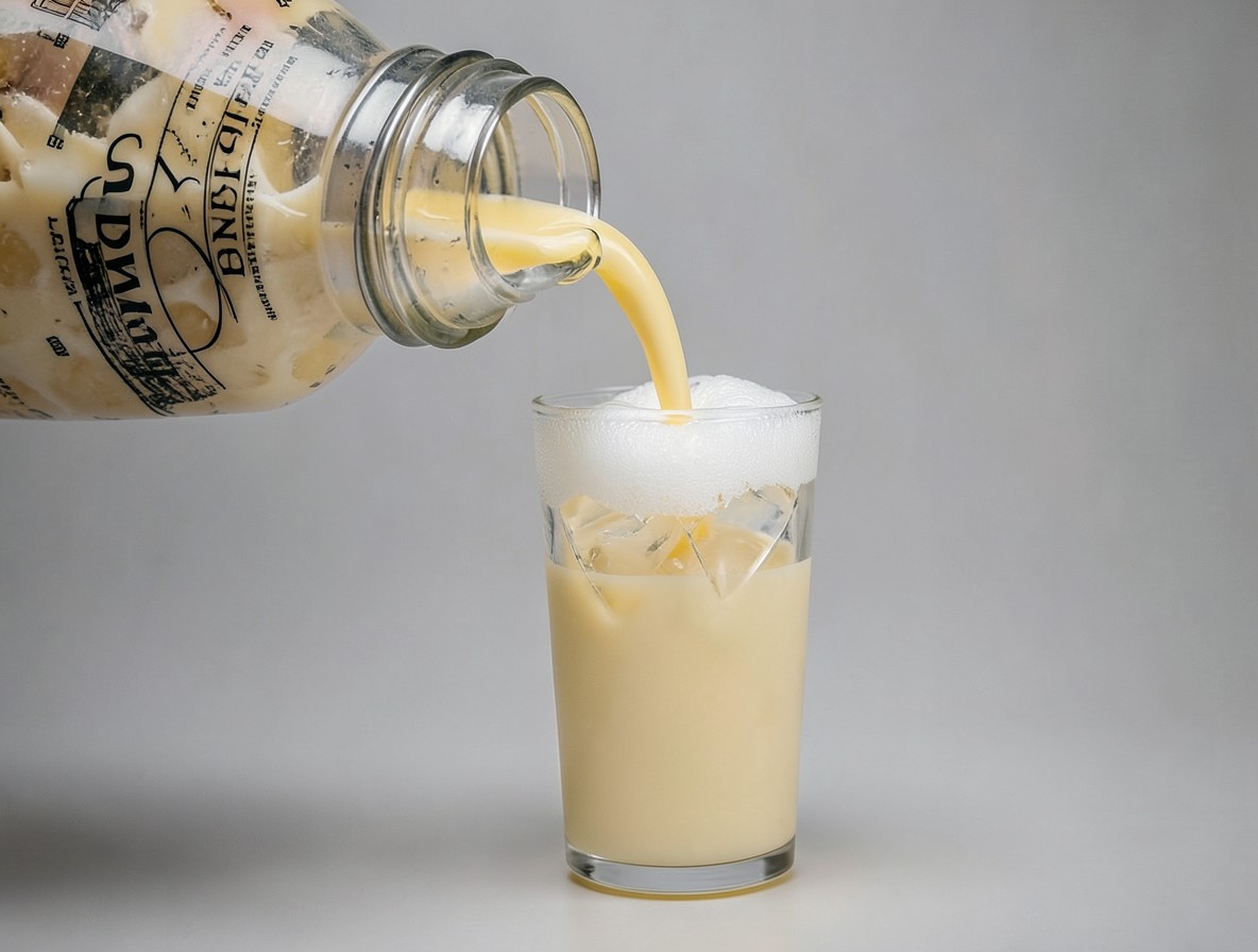 Pouring a Ramos Gin Fizz from a shaker into a glass, creamy liquid and foam forming