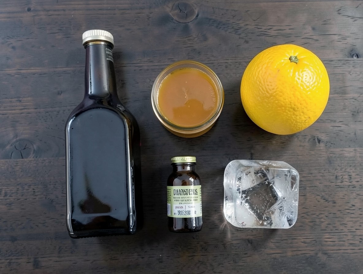 Flat lay of rum old fashioned ingredients with dark rum, allspice dram, syrup, and orange