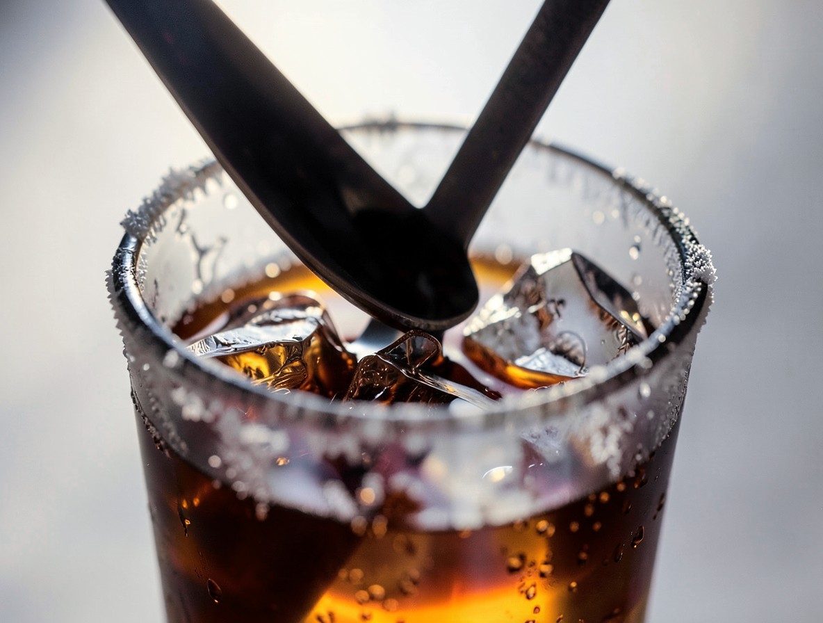Stirring a clear dark amber rum old fashioned over cracked ice in a mixing glass