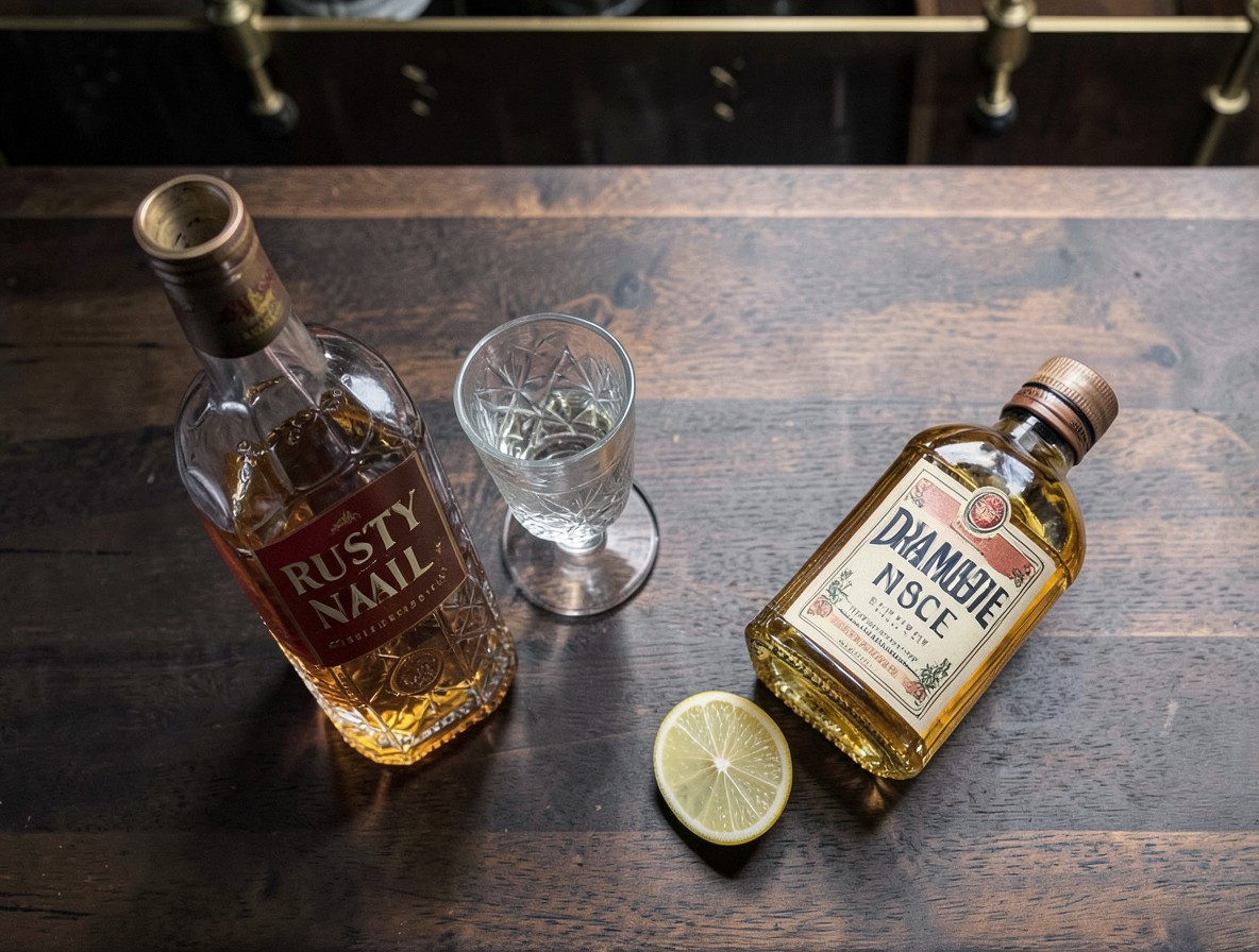 Flat lay of Scotch whisky, Drambuie, and a lemon twist on dark wood for a Rusty Nail.