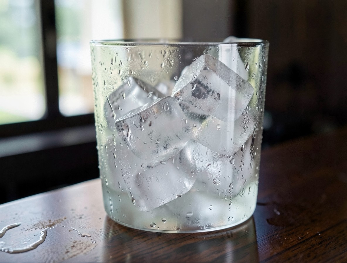 Chilled rocks glass filled with ice cubes, condensation forming on the exterior.