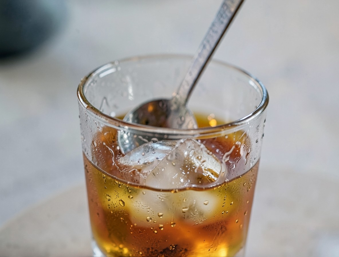 Bar spoon stirring a clear amber Rusty Nail cocktail over a large ice cube in a rocks glass.