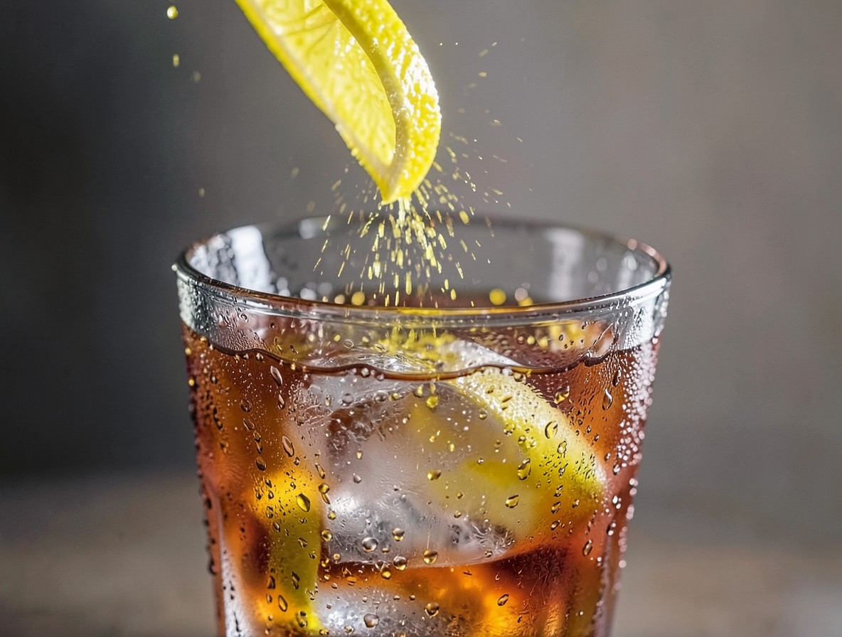 Macro shot of lemon oils misting over the surface of a Rusty Nail cocktail on a large ice cube.