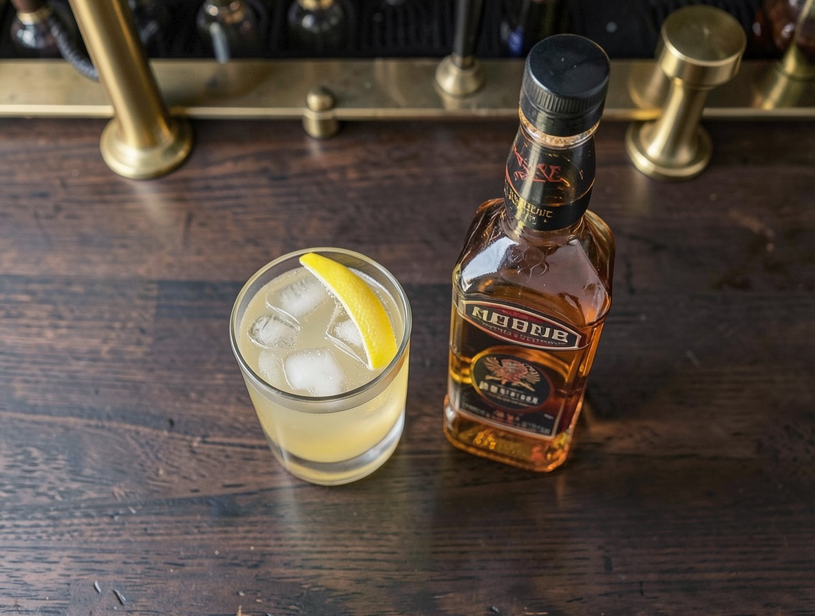 Ingredients for a Sazerac: rye whiskey, absinthe, bitters, sugar, lemon