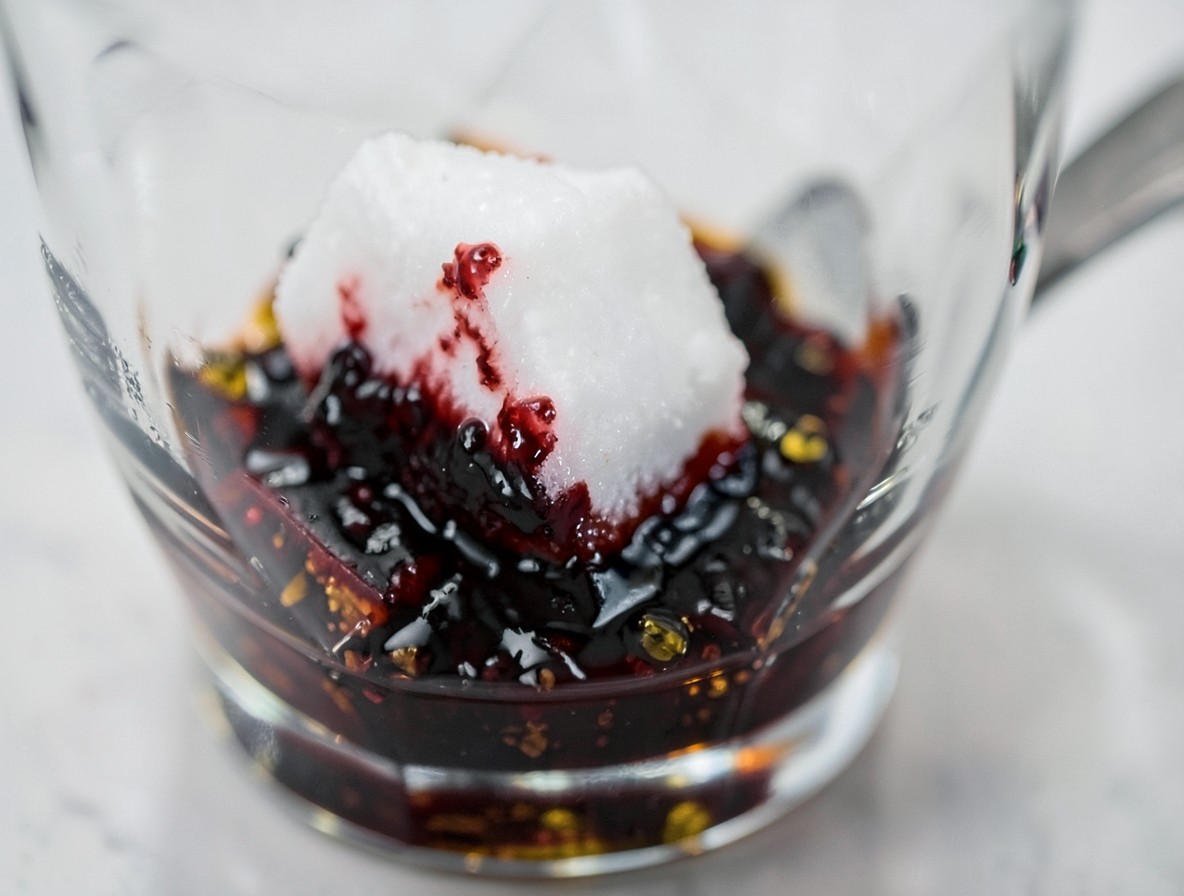 Sugar cube muddled with bitters in a mixing glass for a Sazerac