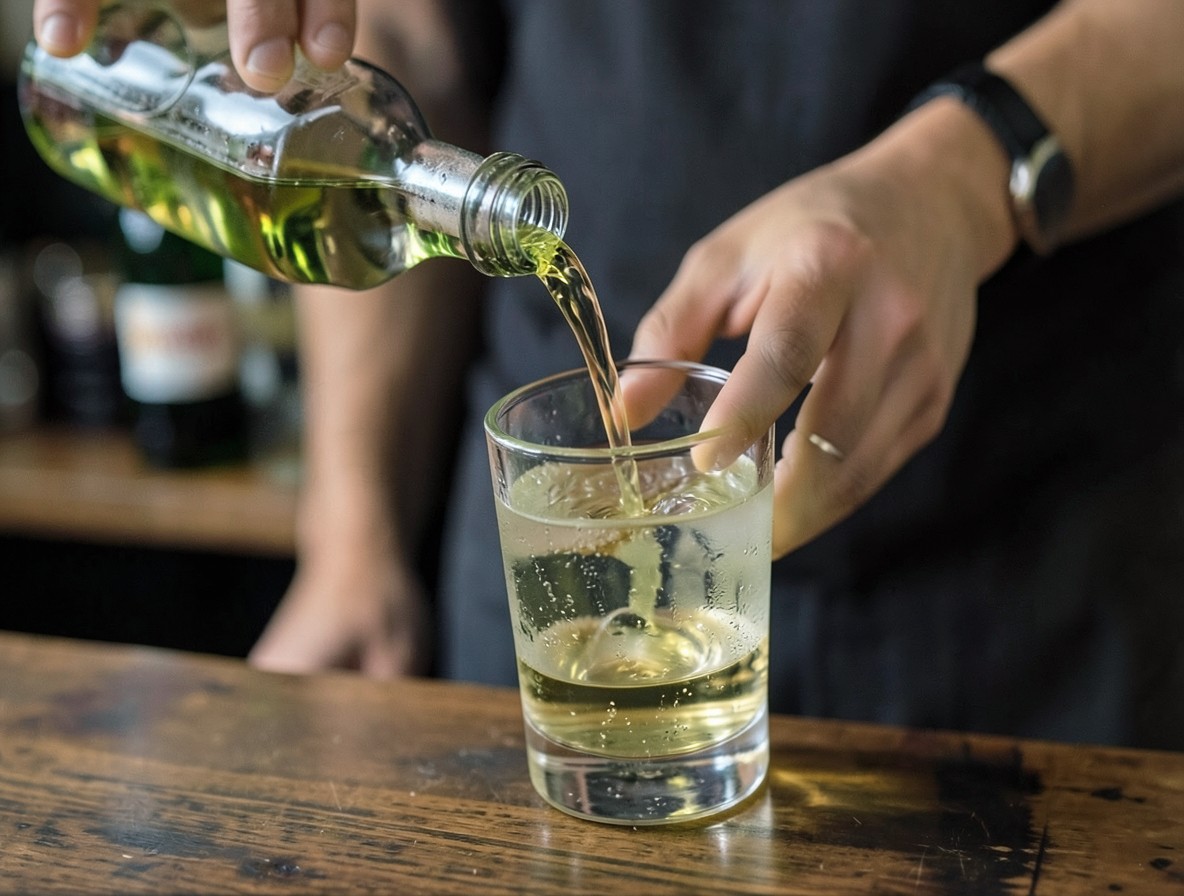 Rinsing a rocks glass with absinthe for a Sazerac, pale green swirl