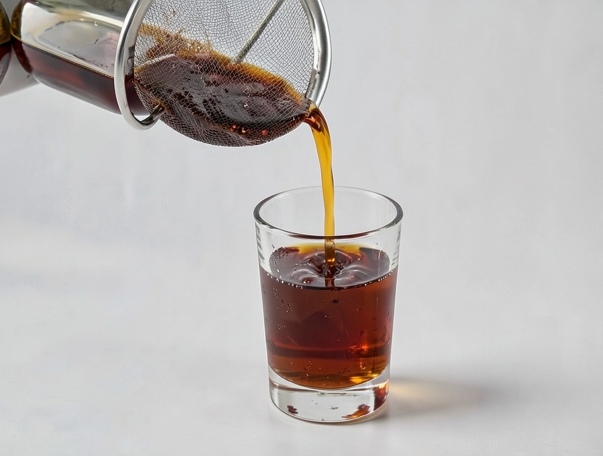 Straining the Sazerac mixture into an absinthe-rinsed rocks glass