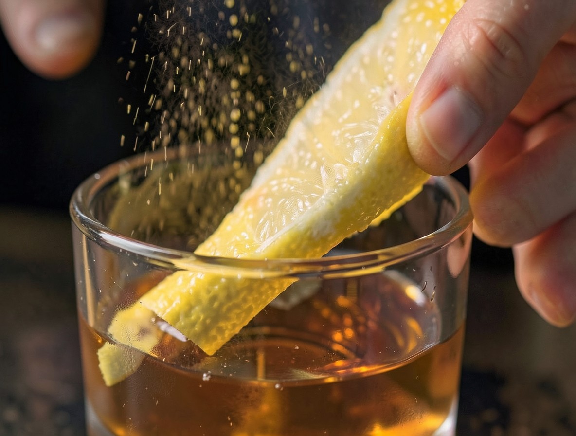 Expressing a lemon peel over a Sazerac, citrus oils misting the surface