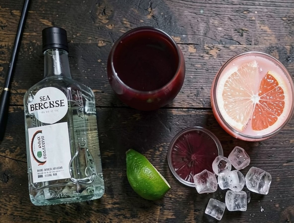 Sea Breeze cocktail ingredients arranged flat lay with vodka and juices