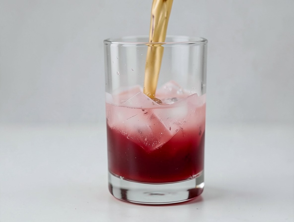 Pouring grapefruit juice over cranberry in a Sea Breeze cocktail