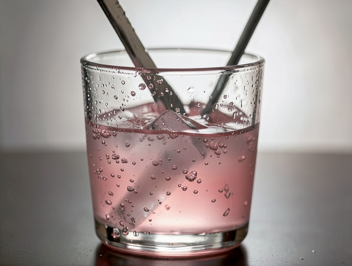 Stirring a pink Sea Breeze cocktail with a bar spoon