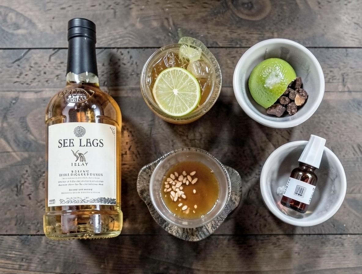 Ingredients for a Sea Legs cocktail arranged in a flat lay: scotch, mezcal, orgeat, lime