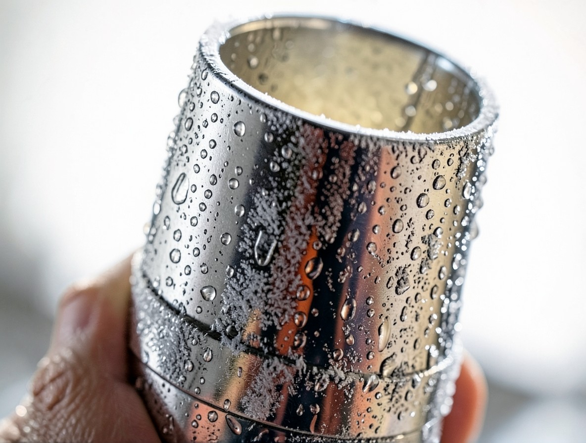 Condensation-covered cocktail shaker after a hard shake with the Sea Legs
