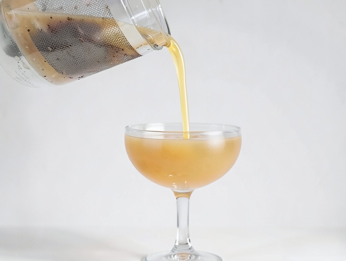 Pouring the Sea Legs cocktail through a fine strainer into a chilled coupe