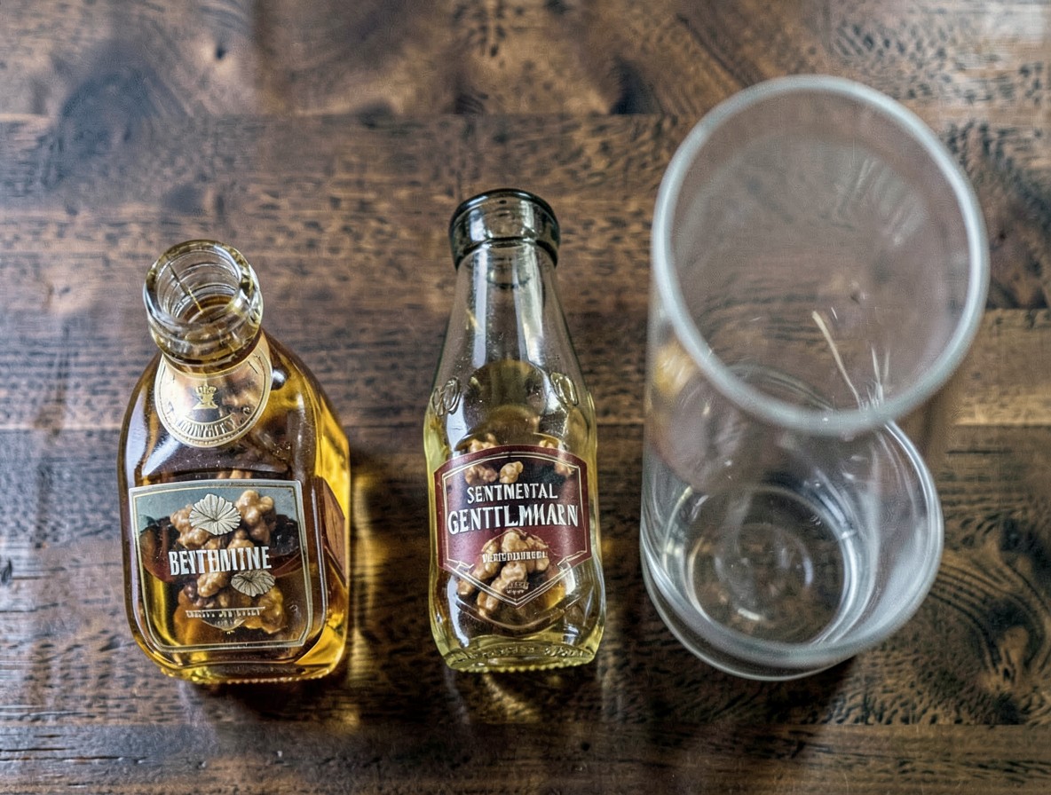 Scotch whiskey, Bénédictine, and walnut liqueur ingredients for cocktail