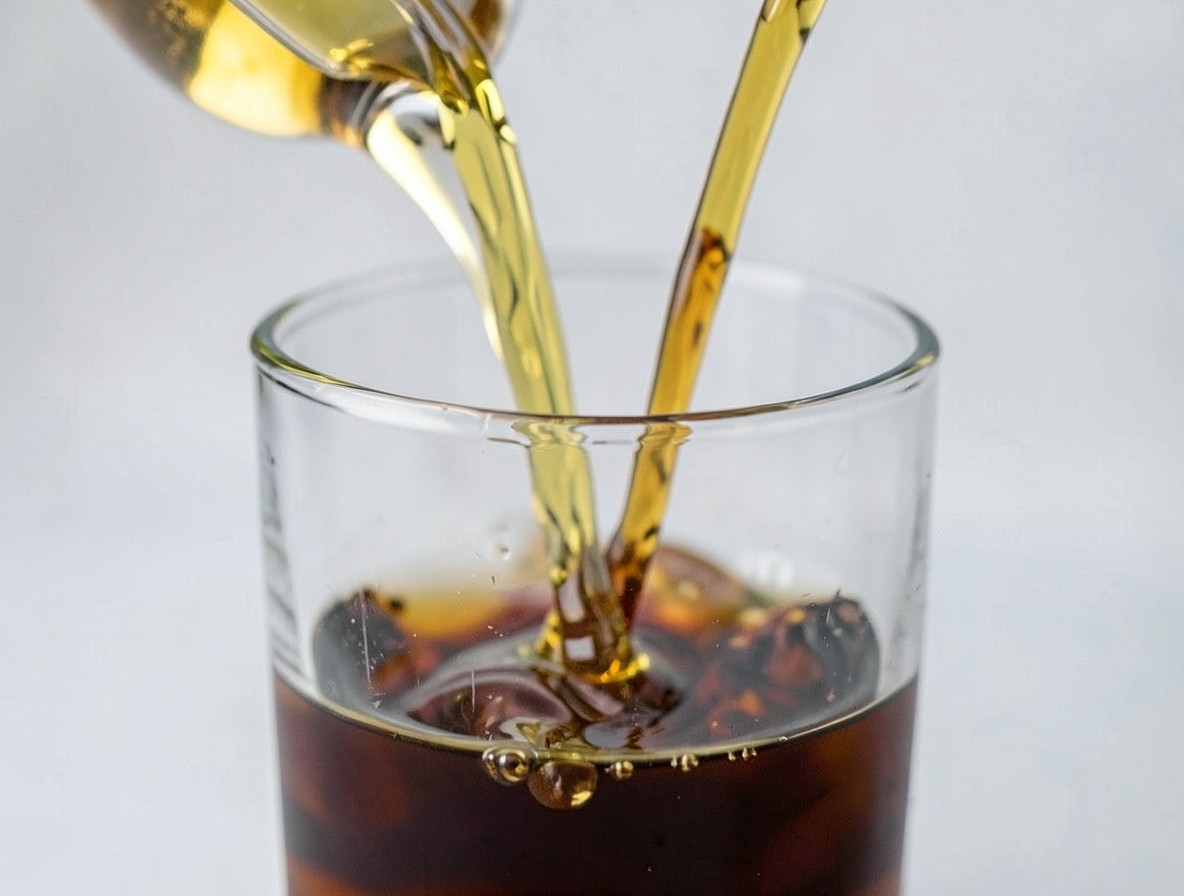 Pouring Scotch whiskey, Bénédictine, and walnut liqueur into mixing glass