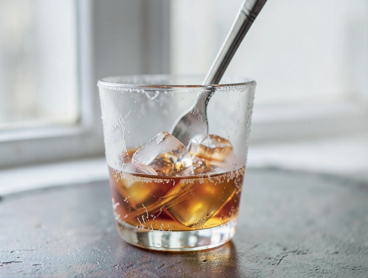 Stirring amber cocktail over ice in a frosty mixing glass with bar spoon