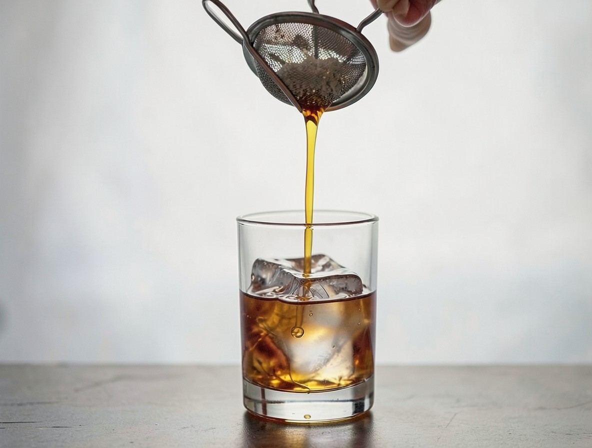 Pouring strained Scotch cocktail over ice cube in a rocks glass