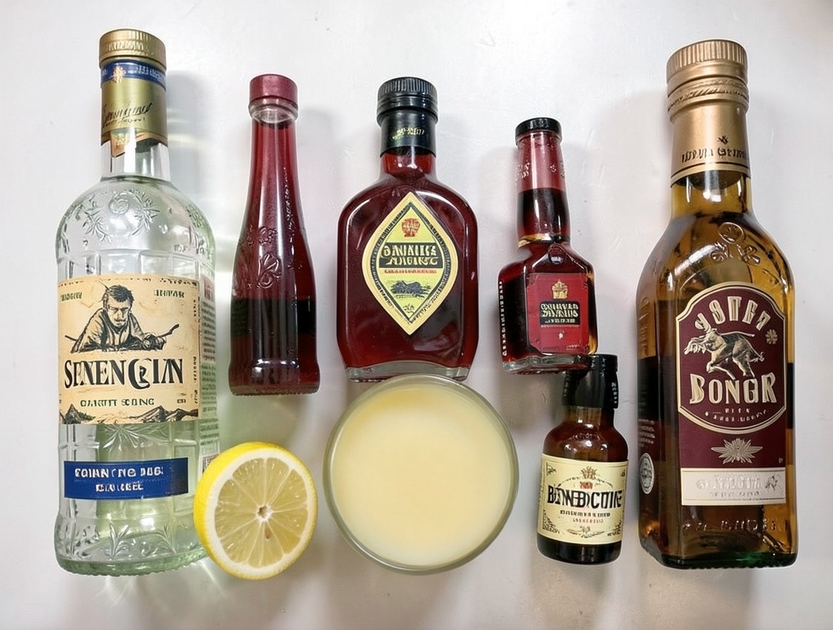 Flat lay of Singapore Sling ingredients including gin, cherry brandy, pineapple juice, and lemons.