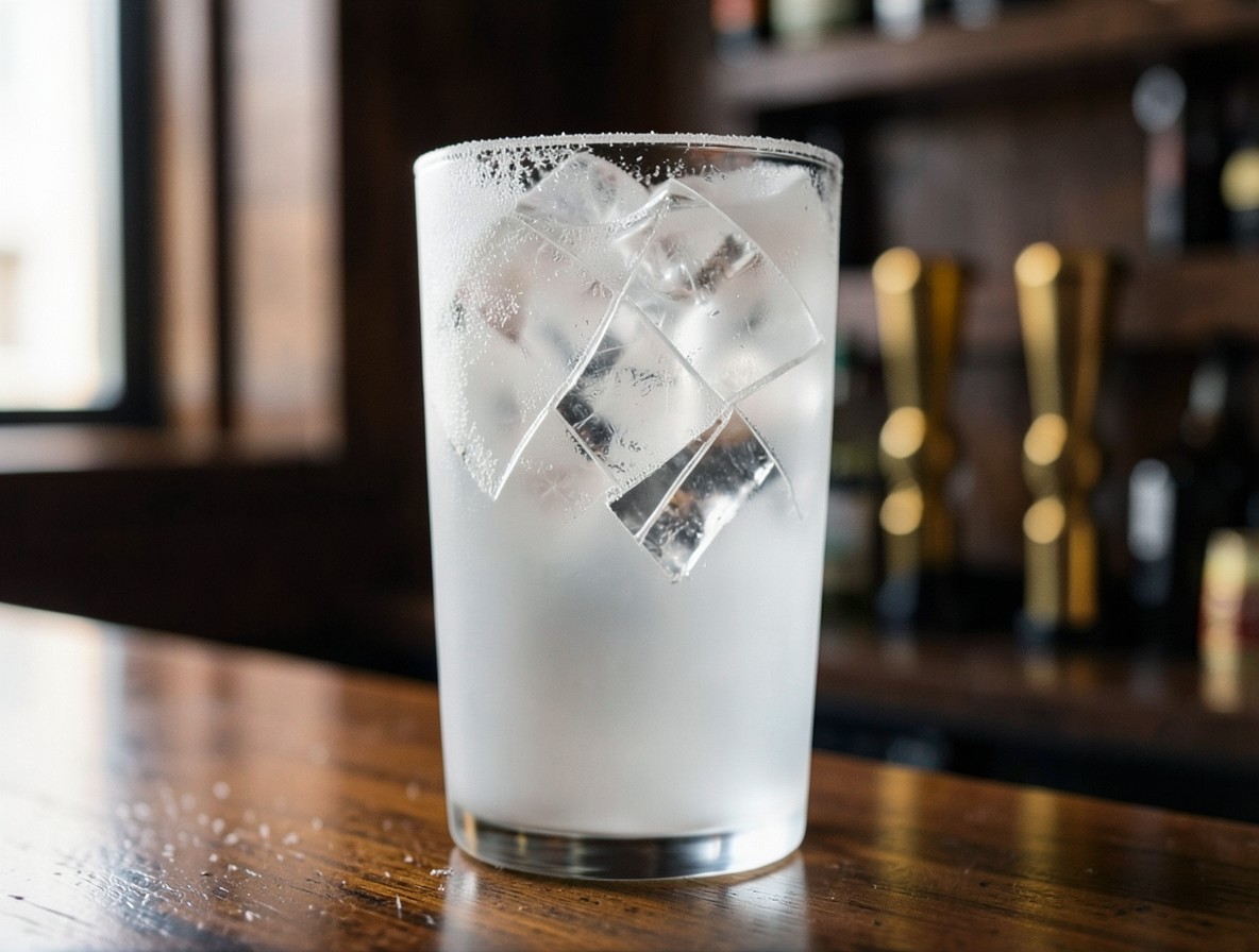 A chilled highball glass filled with cracked ice for a Singapore Sling.