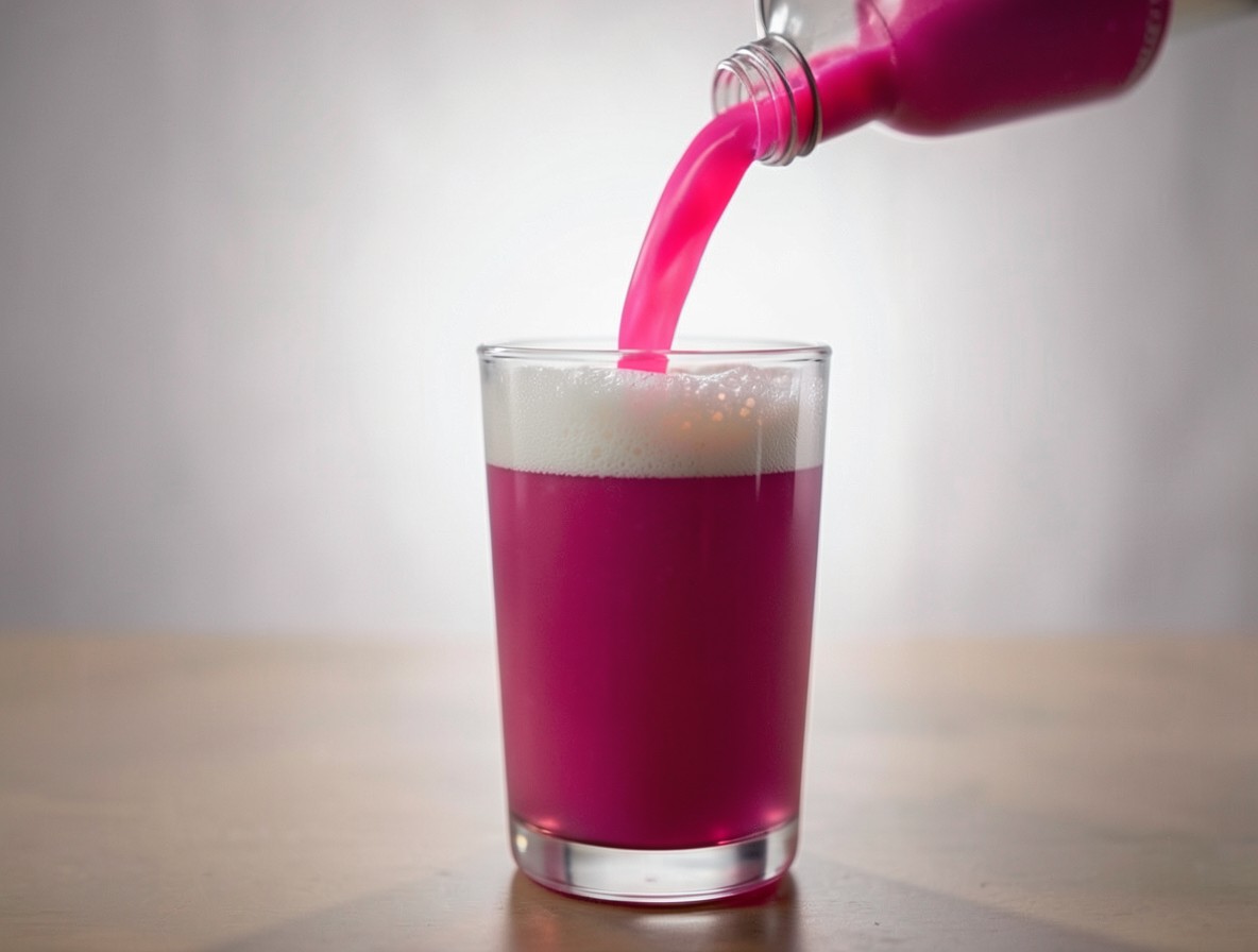 Pouring a bright pink Singapore Sling into a highball glass, foam forming on top.