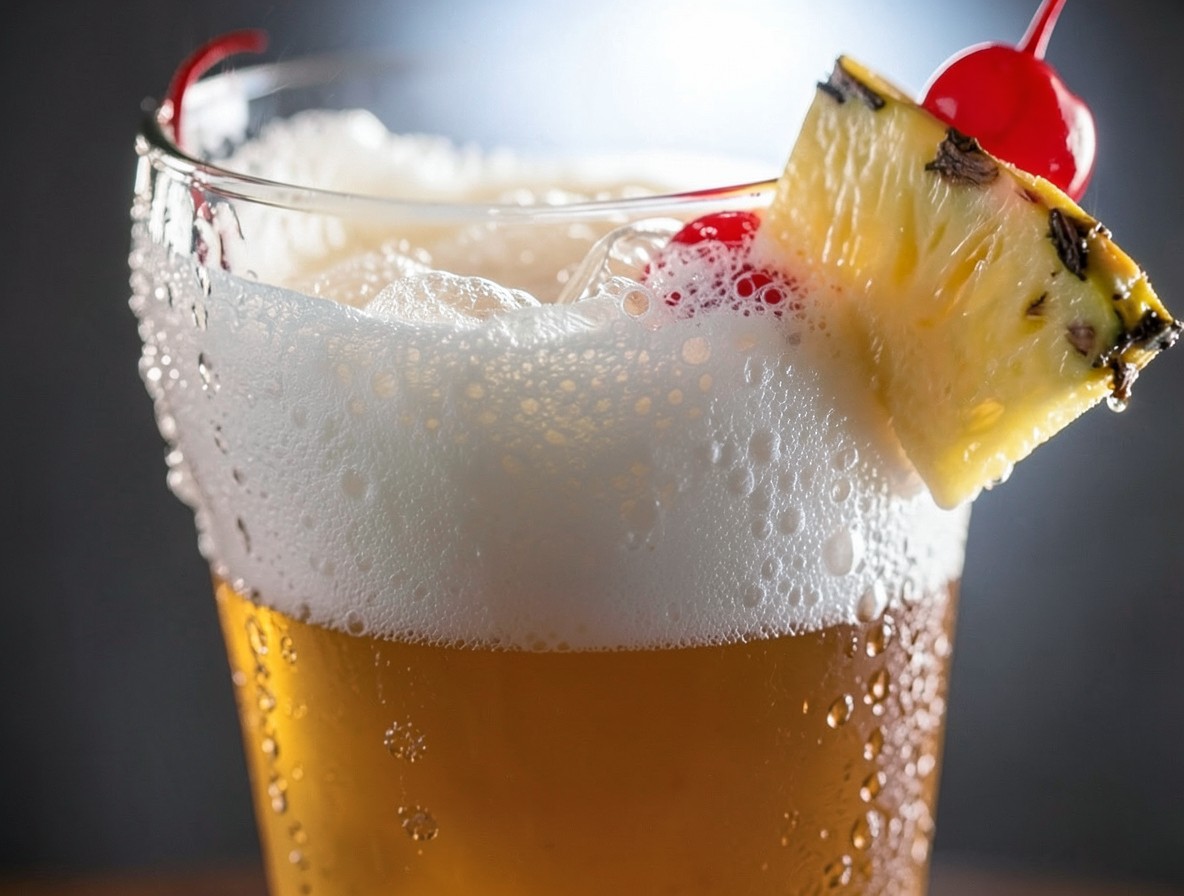 Close-up of a Singapore Sling showing the frothy top, condensation, and pineapple garnish.