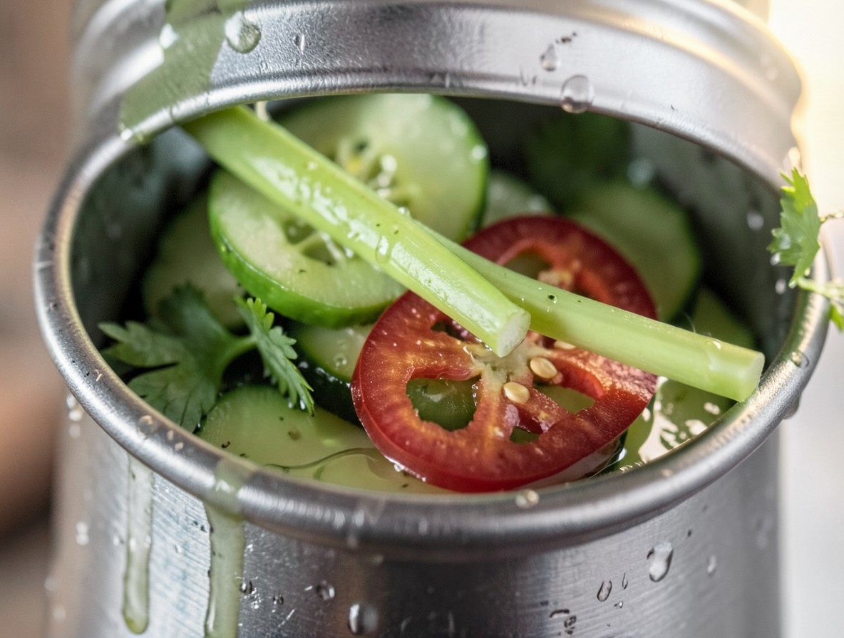 Muddled cucumber, cilantro and chilli in a cocktail shaker tin with agave syrup