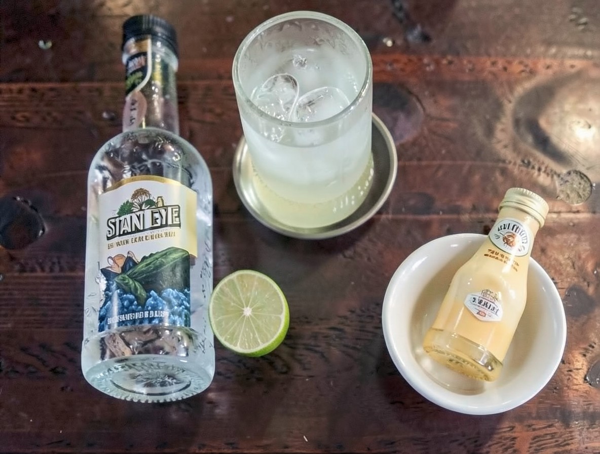 Ingredients for Snake Eyes cocktail: mezcal, coconut water, lime, syrup
