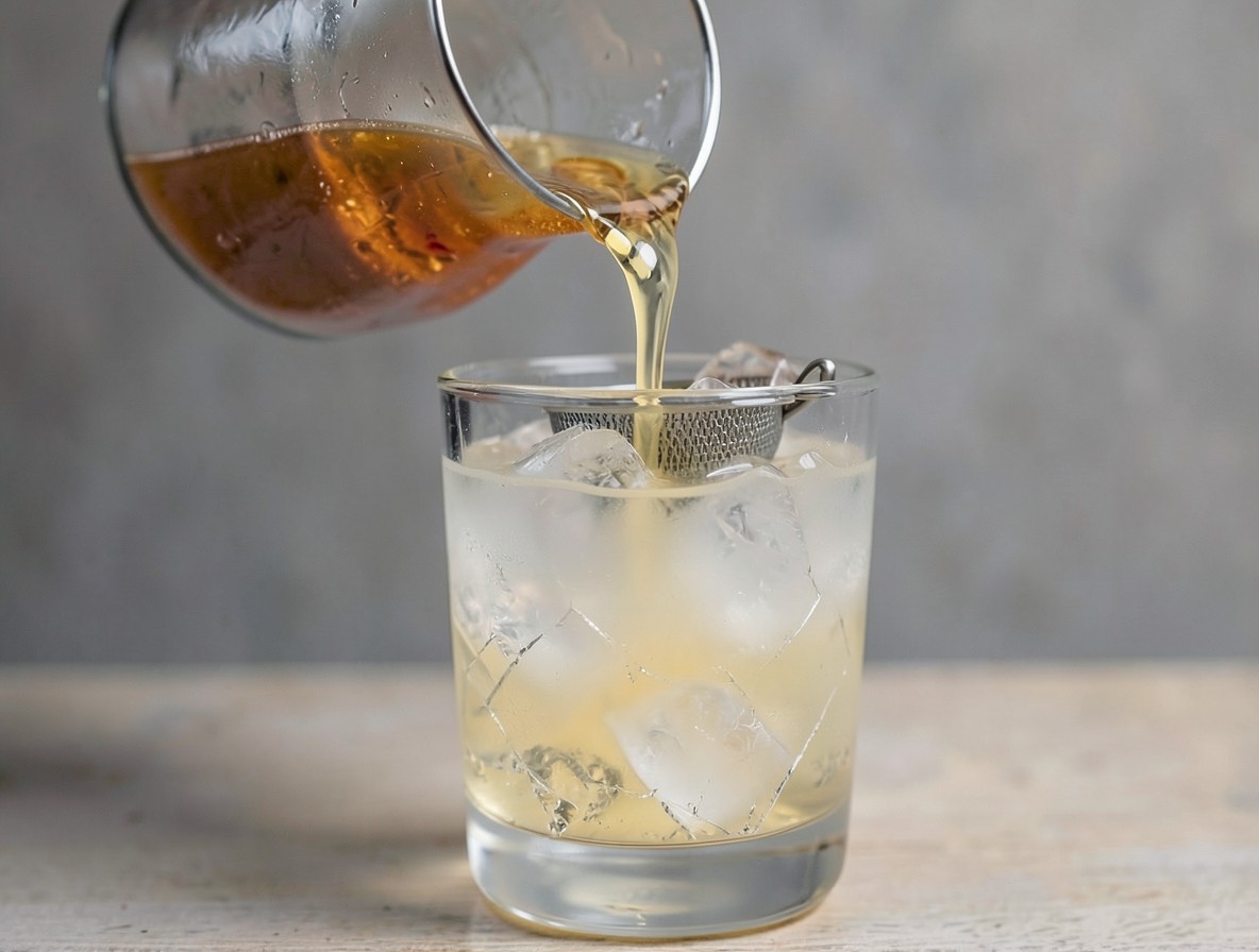 Straining the Snake Eyes cocktail into a rocks glass over cracked ice