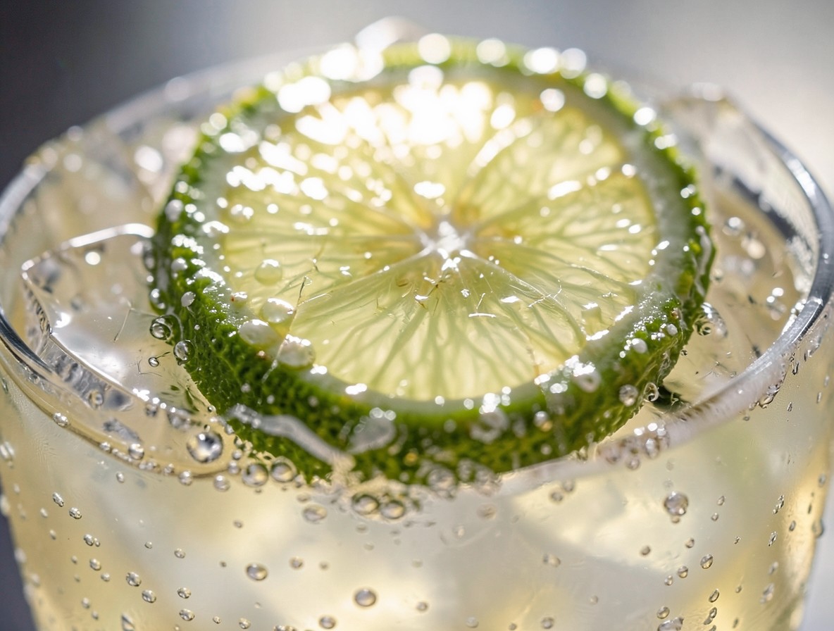 Close-up of lime wheel garnish on Snake Eyes cocktail with cracked ice