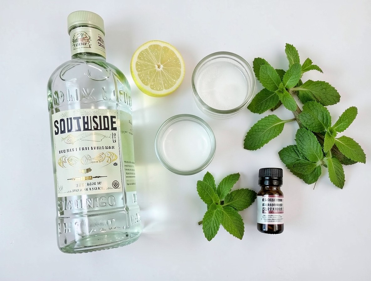 Flat lay of gin, lemon, mint, syrup, and bitters for a Southside.